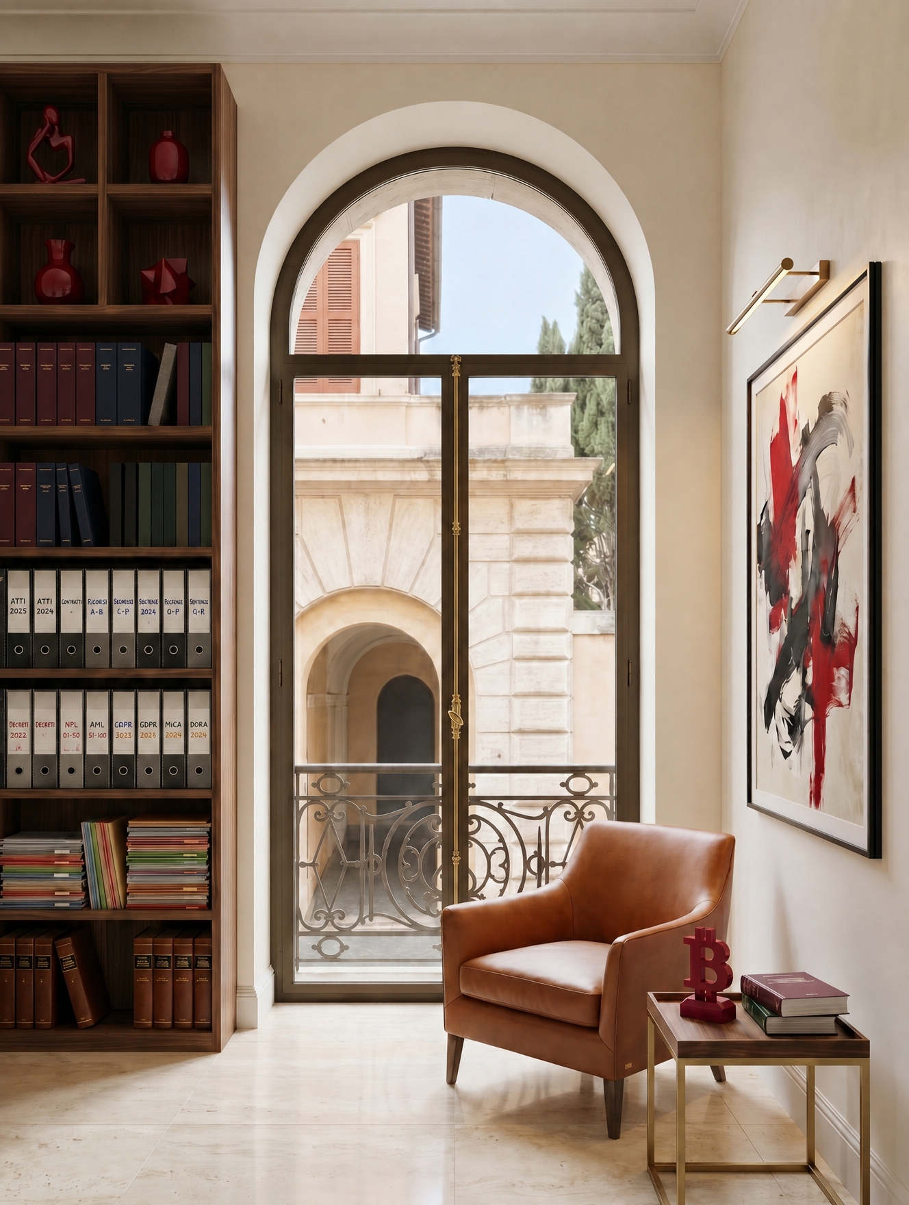 Studio legale ADLP a Roma: libreria con codici e faldoni, finestra ad arco affacciata su un cortile romano, poltrona in pelle e arte contemporanea