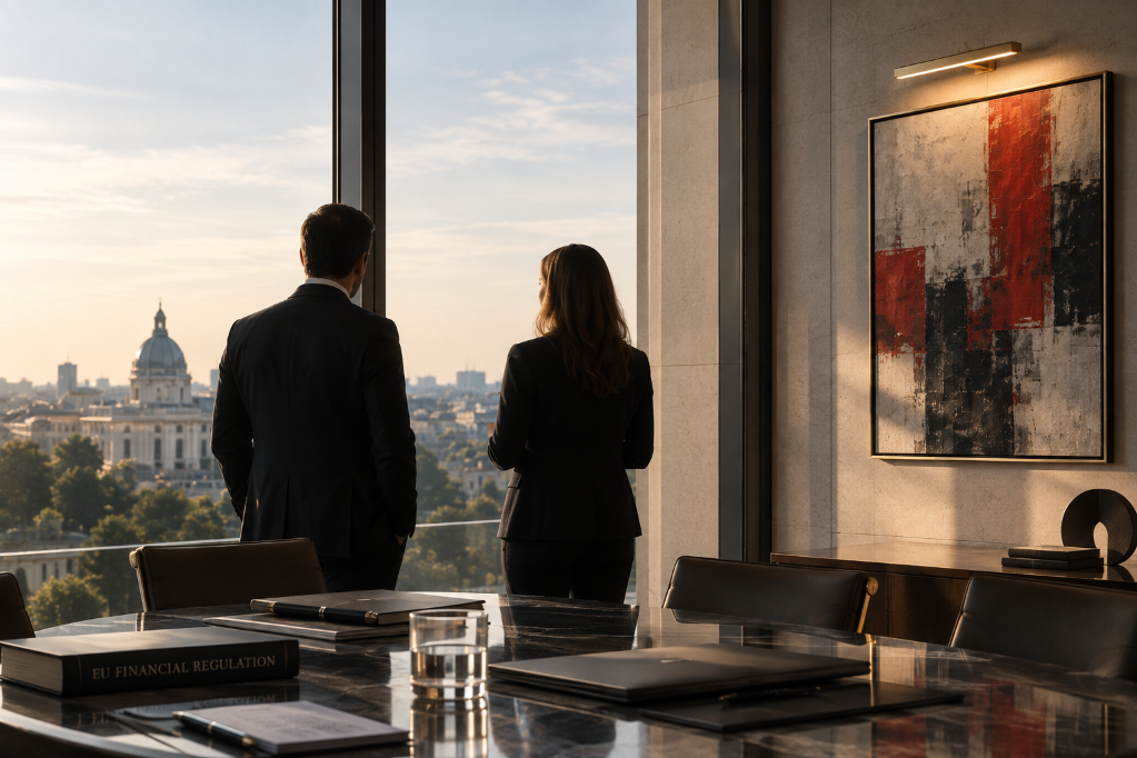 Due avvocati ADLP in sala riunioni davanti allo skyline di Roma — competenze che lavorano insieme