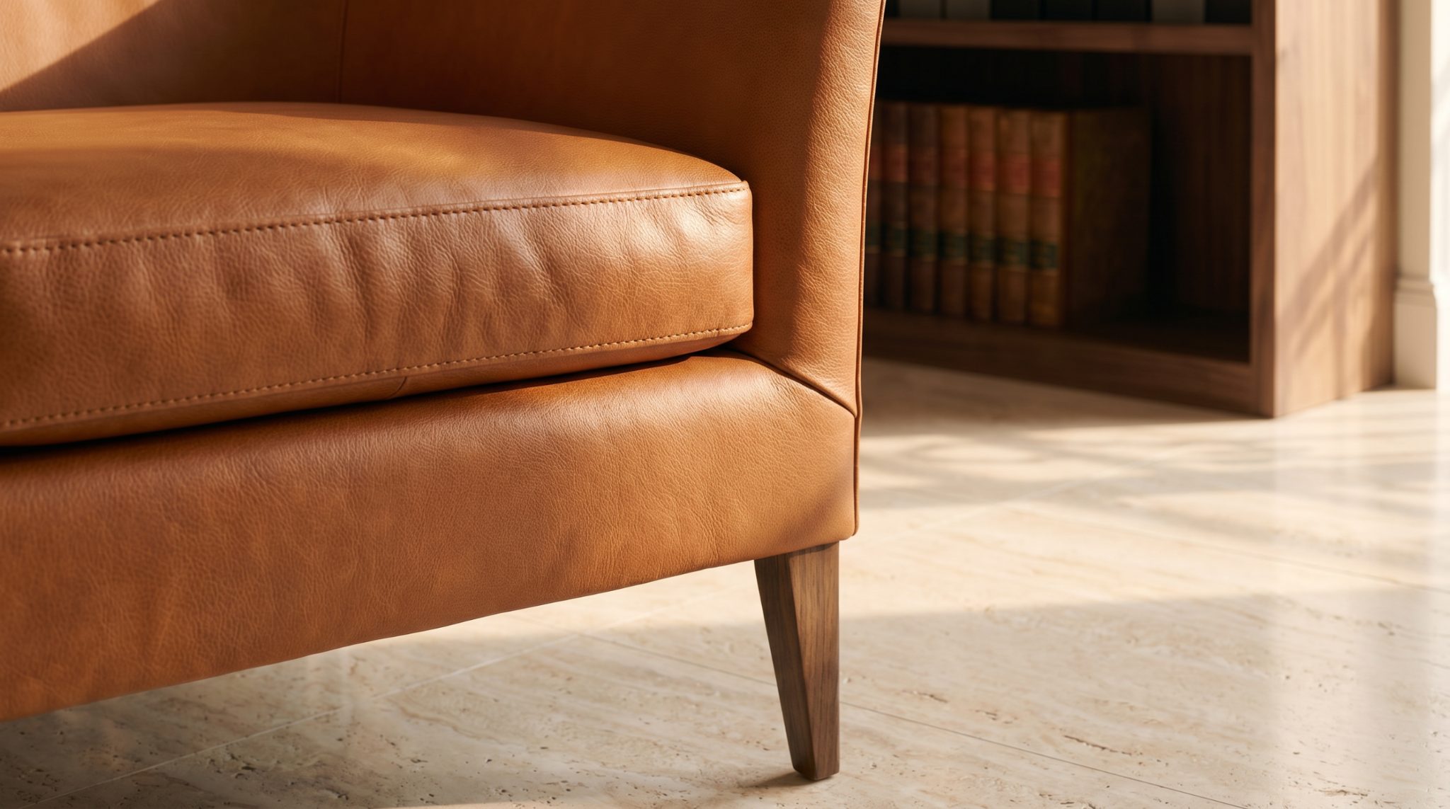 Poltrona in pelle nello studio ADLP a Roma, libreria con codici sullo sfondo