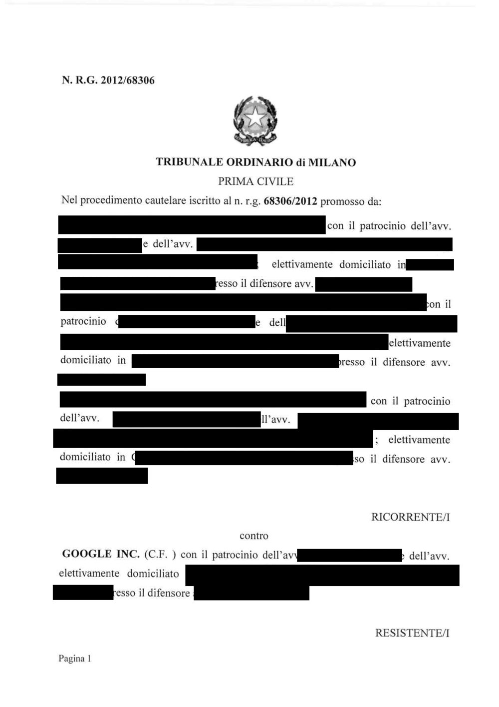Prima pagina dell'ordinanza del Tribunale di Milano del 25 marzo 2013 (R.G. 68306/2012) su Google Autocomplete, con i nomi delle parti oscurati