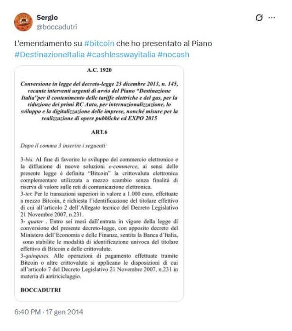 Il tweet dell'On. Boccadutri con il testo dell'emendamento Bitcoin, 17 gennaio 2014