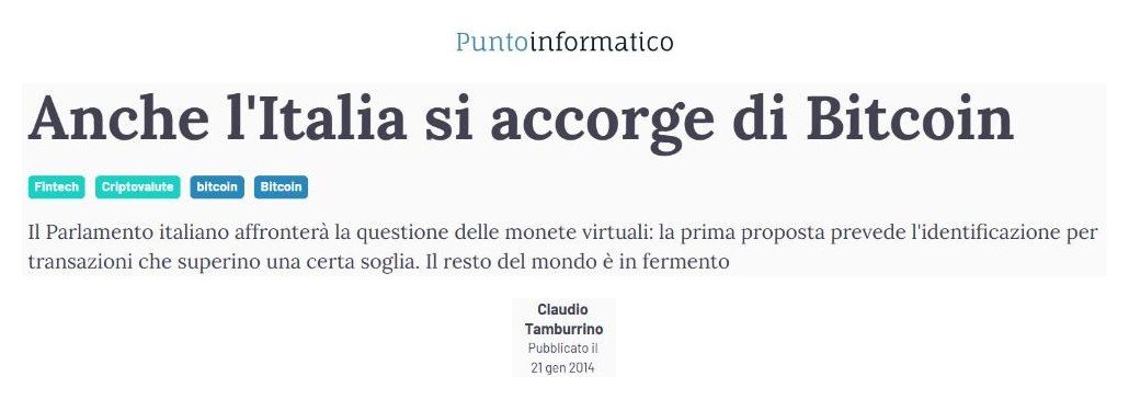 Punto Informatico, 21 gennaio 2014: «Anche l'Italia si accorge di Bitcoin»