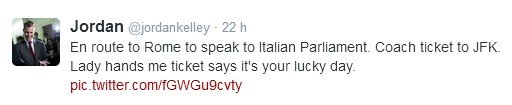 Tweet by Jordan Kelley, CEO of Robocoin, on his way to Rome to speak at the Italian Parliament, June 2014