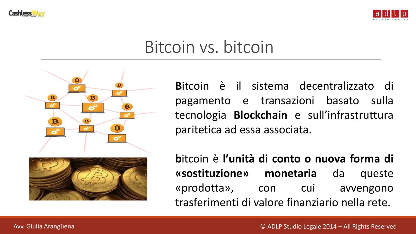 Slide «Bitcoin vs. bitcoin»: Bitcoin è il sistema decentralizzato di pagamento basato sulla blockchain, bitcoin l'unità di conto