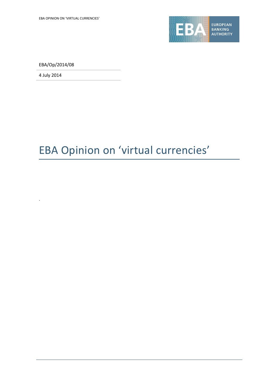 Prima pagina dell'Opinion EBA on virtual currencies, EBA/Op/2014/08 del 4 luglio 2014
