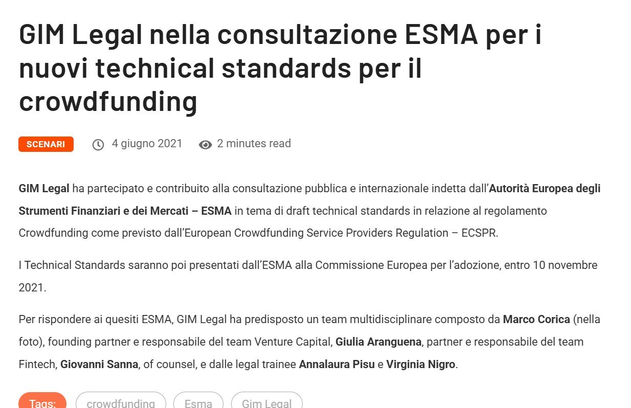 Legalcommunity, 4 giugno 2021: GIM Legal nella consultazione ESMA sui technical standards per il crowdfunding, con l'Avv. Giulia Arangüena