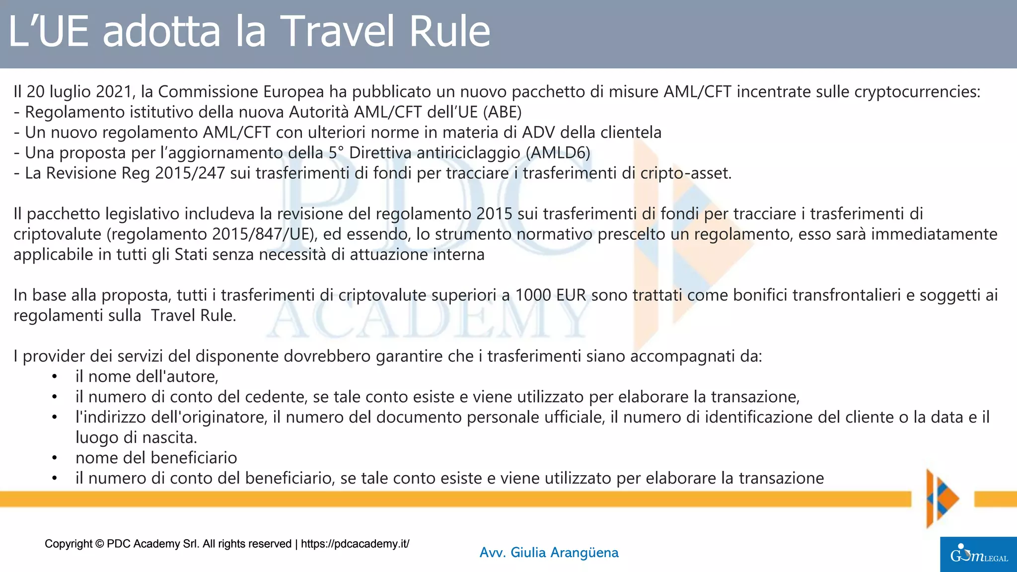 Travel rule per i cripto-asset nel pacchetto antiriciclaggio UE del 20 luglio 2021, slide del Blockchain Month 2021