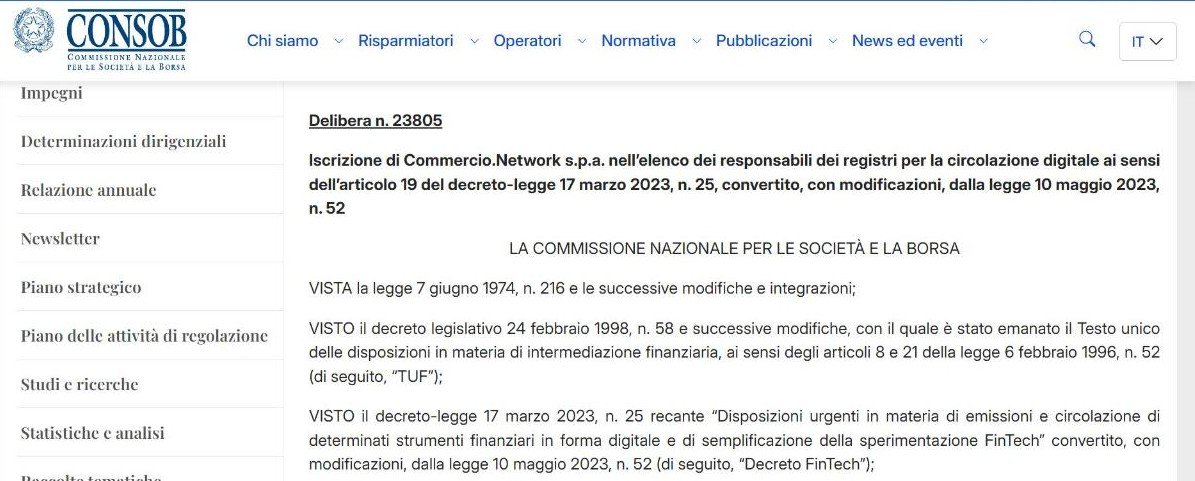 Delibera Consob n. 23805: iscrizione di Commercio.Network s.p.a. nell'elenco dei responsabili dei registri per la circolazione digitale ai sensi dell'art. 19 del D.L. 25/2023