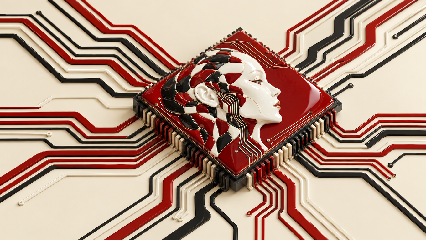 D.lgs. 179/2026: chip in ceramica rossa con profilo di un volto in porcellana, tra circuiti rossi e neri