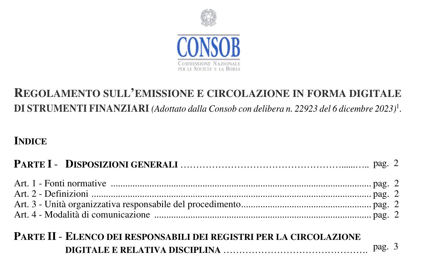 Prima pagina del Regolamento Consob sull'emissione e circolazione in forma digitale di strumenti finanziari, adottato con delibera n. 22923 del 6 dicembre 2023
